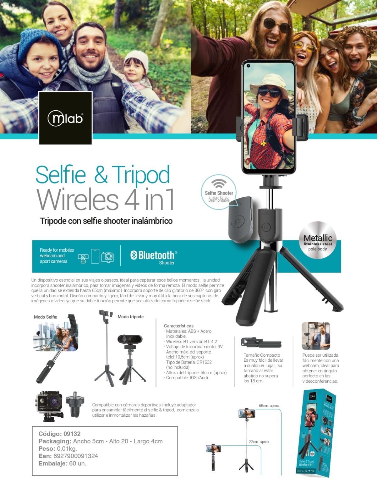 BASTON SELFIE BLUETOOTH 4 EN 1 MLAB - Imagen 1